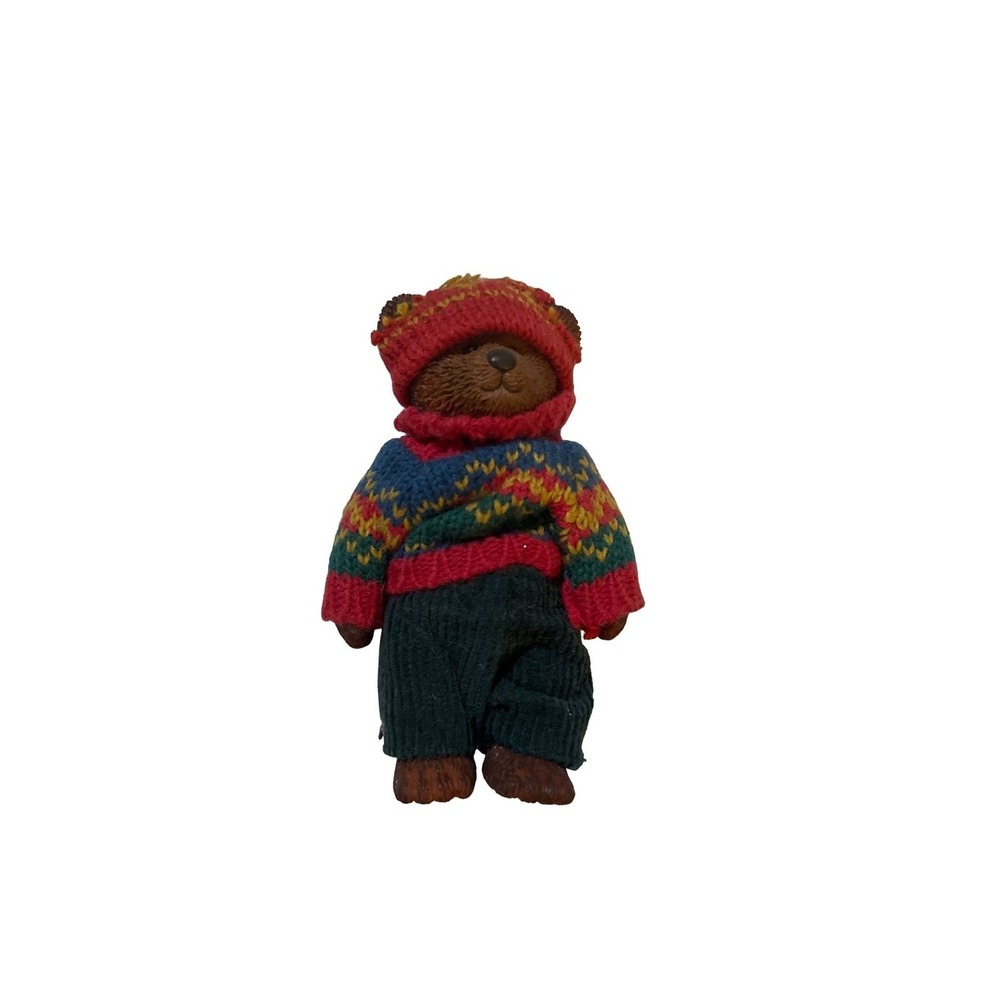 Vintage Russ Berrie Teddy Bear Jointed Resin Bear in Sweater & Corduroy Pants